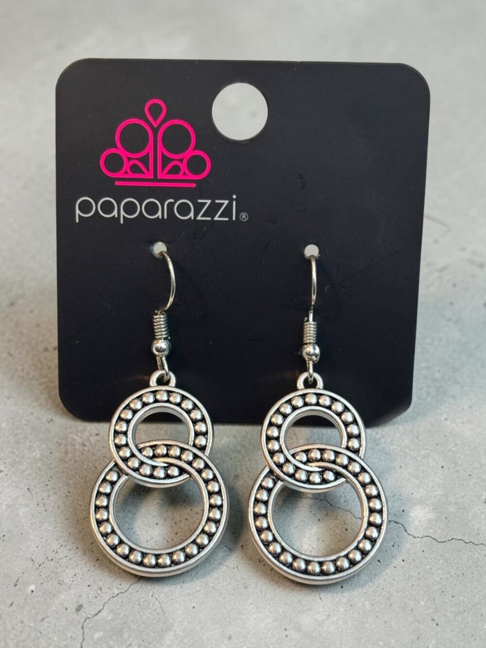 Paparazzi Silver Double Circle Textured Drop Earrings For Women